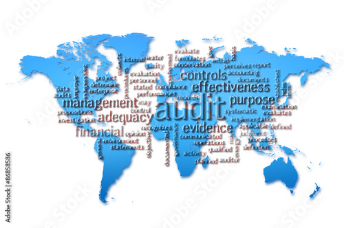 Word Cloud of  audit with world map background