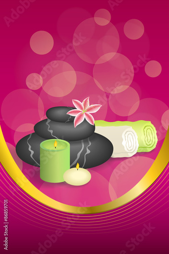 Background abstract pink beige spa salon therapy stones candle green towel lily frame vertical gold ribbon illustration vector