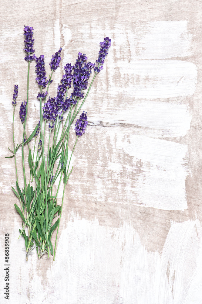 Obraz premium Lavender flowers over rustic wooden background. Country style de