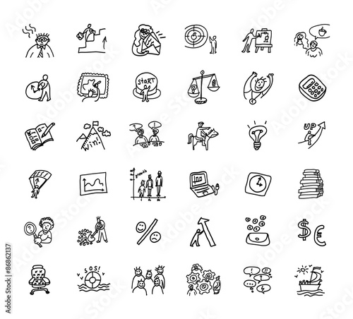 Doodles business icons set black and white