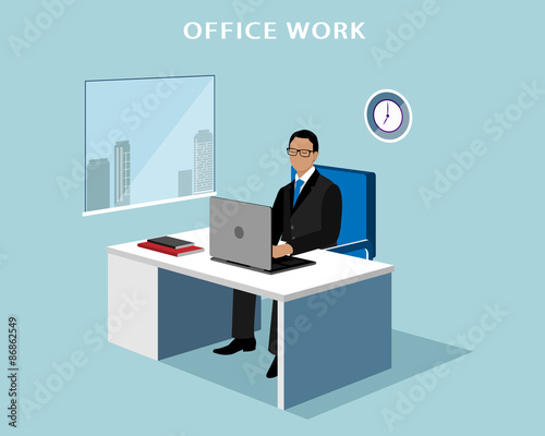 Office manager working at computer in the office. 3d isometric faceless man with laptop