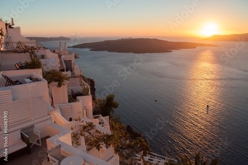 Romantic sunset view on Santorini Island, Greece.