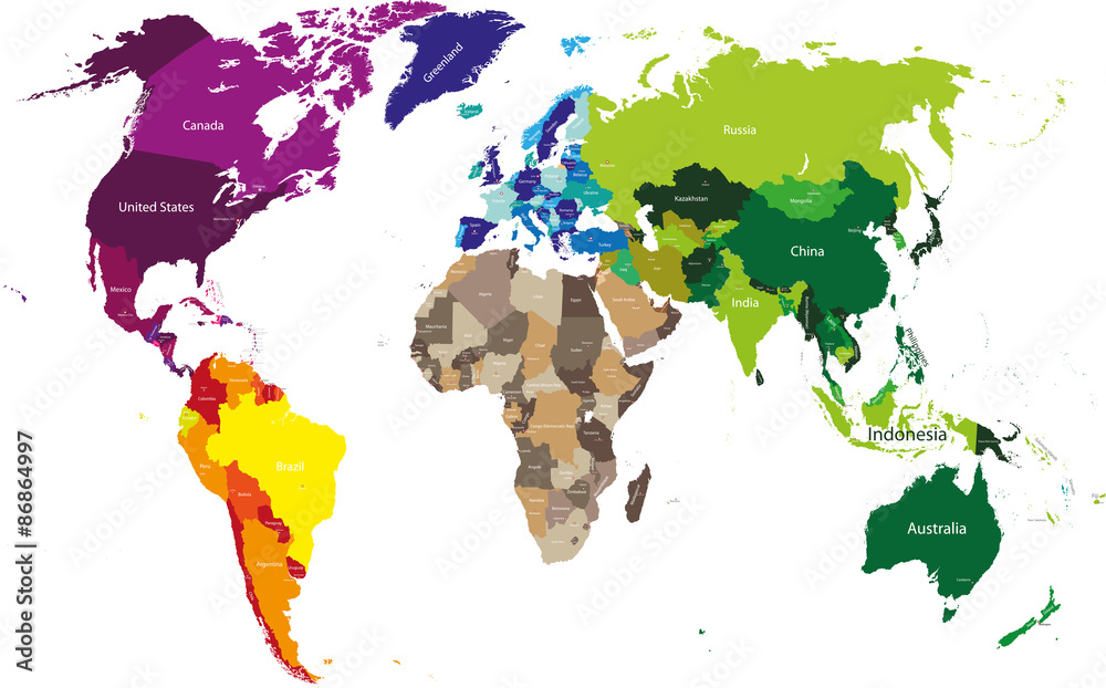 Obraz premium vector world map colored by continents