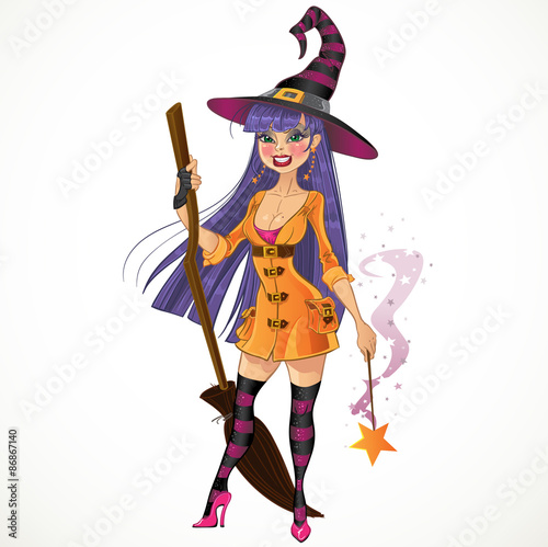 Young witch with magic wand and broom