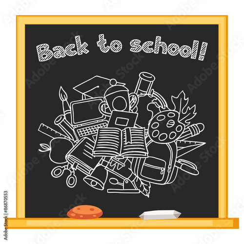 Back to school background with hand drawn icons on chalk board