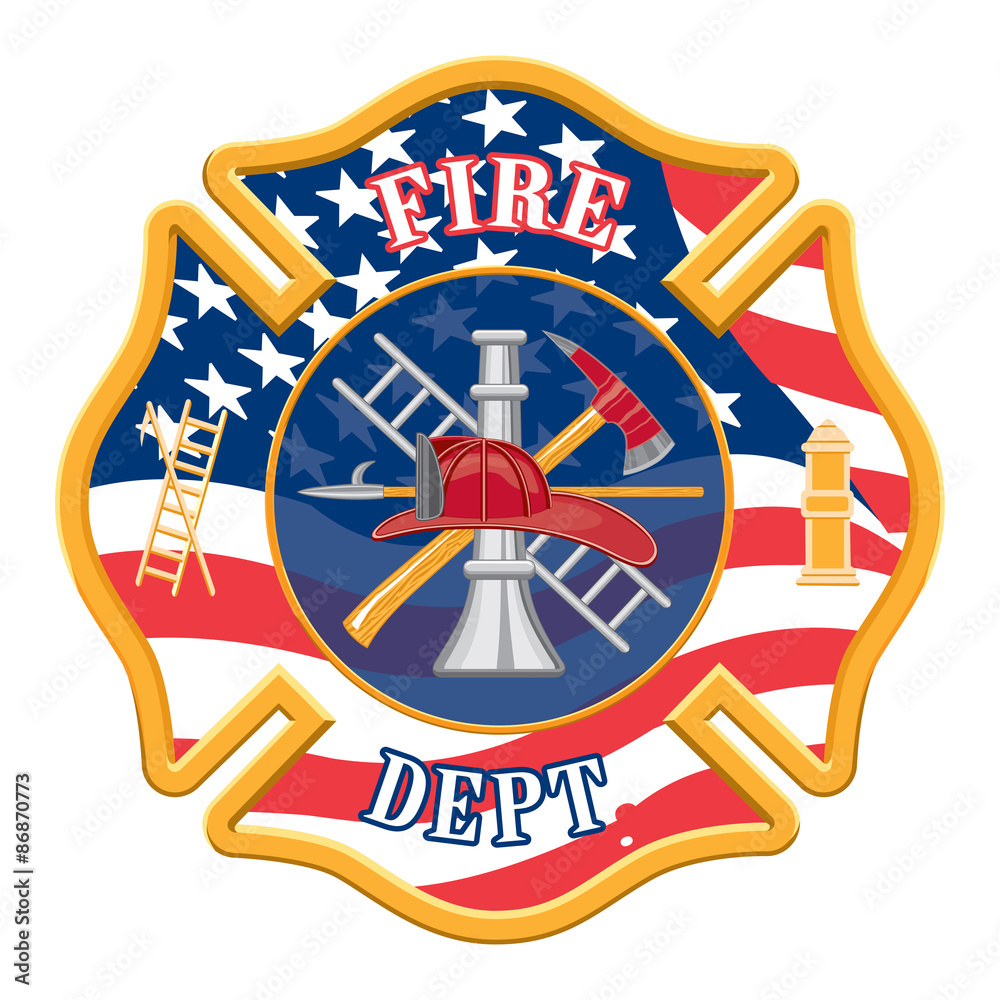 Obraz premium Fire Department Cross is a fire department cross with the US flag background.