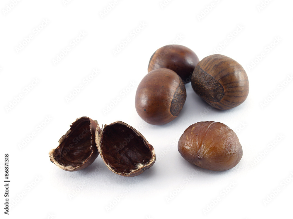 group of chestnuts and shell isolated on white, roasted chestnut are asian snack group of chestnuts and shell isolated on white, roasted chestnut are asian snack