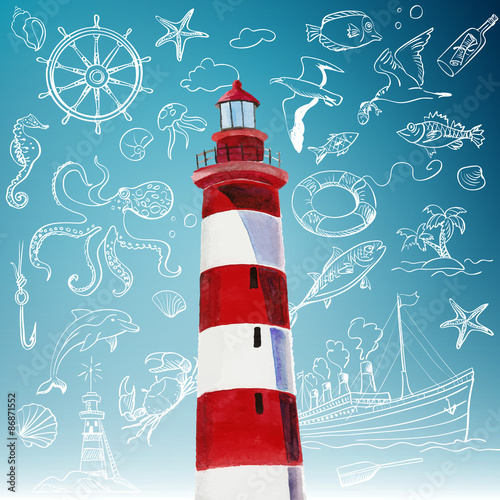 lighthouse and hand-drawn icons of marine theme