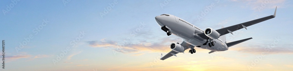 Fototapeta Nowożytny Pasażerski samolotowy lot w zmierzch panoramie