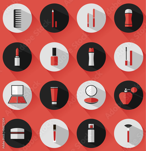 Flat vector cosmetics icons and makeup design elements set for website in pastel colors.