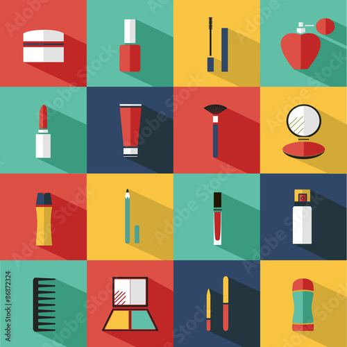 Flat vector cosmetics icons and makeup design elements set for website in pastel colors.