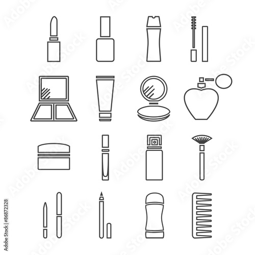 Thin line flat vector cosmetics icons and makeup design elements set for website isolated on white background.