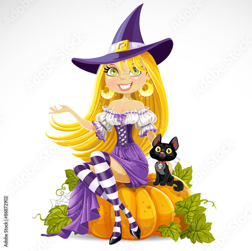 Cute young witch sits on a
