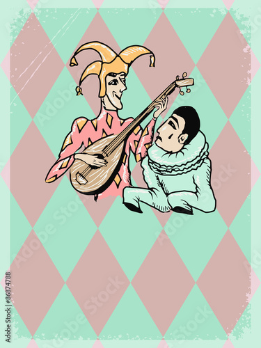 vintage background with Harlequin and Pierrot