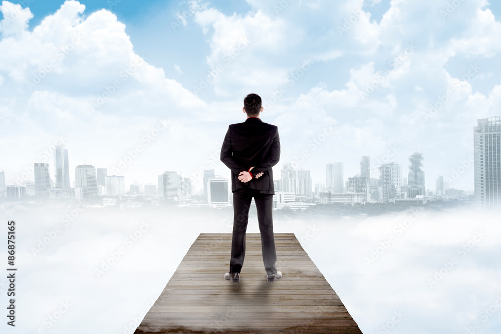 Backview of business man looking the city from wooden pier Backview of business man looking the city from wooden pier
