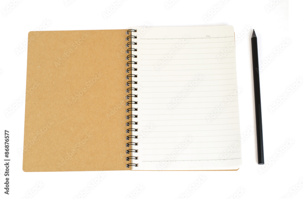 Notebook from recycle paper and black pencil isolate on white wi Notebook from recycle paper and black pencil isolate on white wi