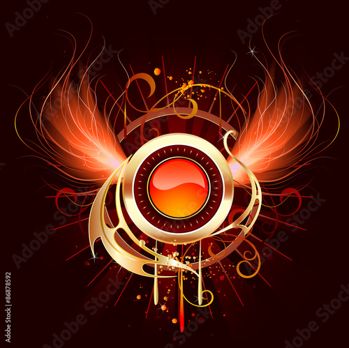 hot round banner with fiery wings