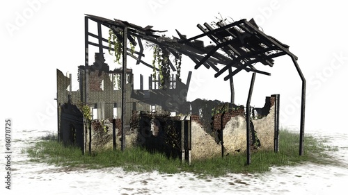 Destroyed building - ruin - on white background