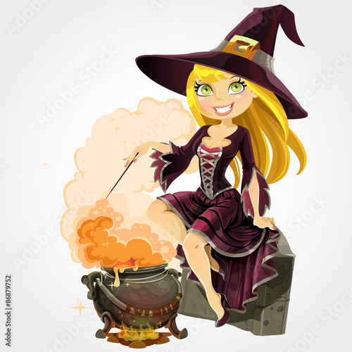 Beautiful witch sit on grave with the boiler of potion
