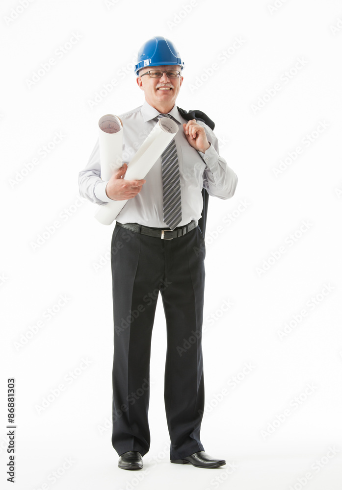 Happy mature businessman in a blue helmet holding projects Happy mature businessman in a blue helmet holding projects