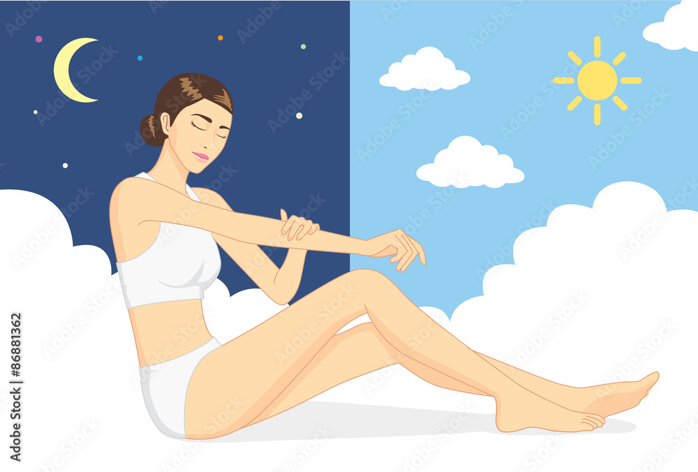 Woman sitting  on cloud and use hand caresses the body for nurture skin at day and night. Skin care concept