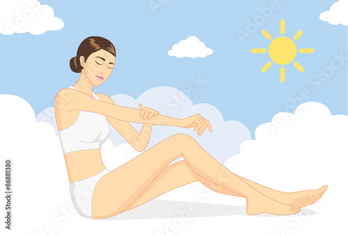 Woman sitting on cloud and use hand caresses the body for nurture skin at day time. Skin care concept