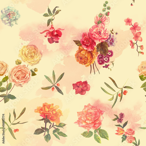 Bright watercolour roses, leaves and berries seamless pattern