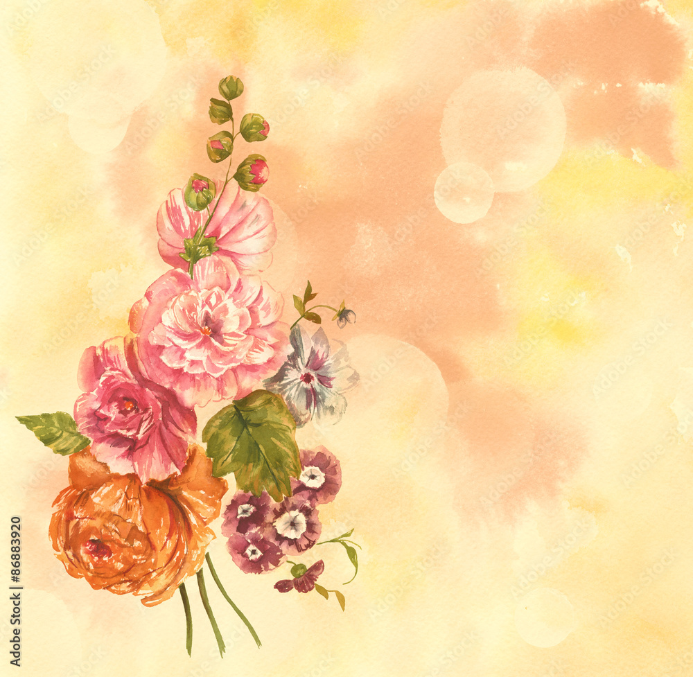 Vintage style watercolour bouquet of roses and peonies