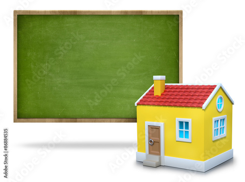 Green blank blackboard with wooden frame and 3d house