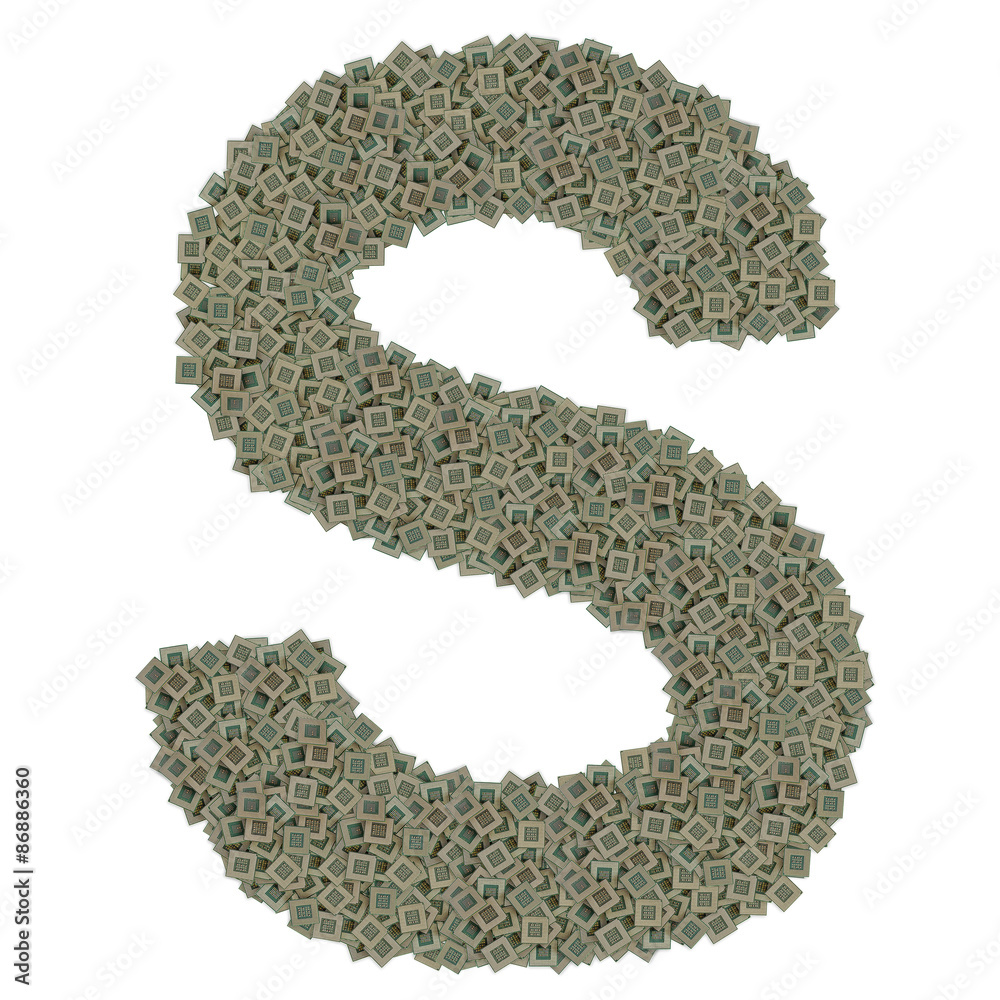 letter S made of old and dirty microprocessors, isolated on letter S made of old and dirty microprocessors, isolated on
