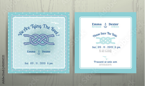 Nautical anchor rope tying the knot wedding card on cyan background