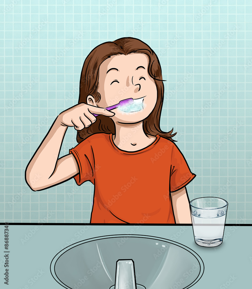 niña lavándose los dientes en baño frente al espejo ilustración de Stock |  Adobe Stock