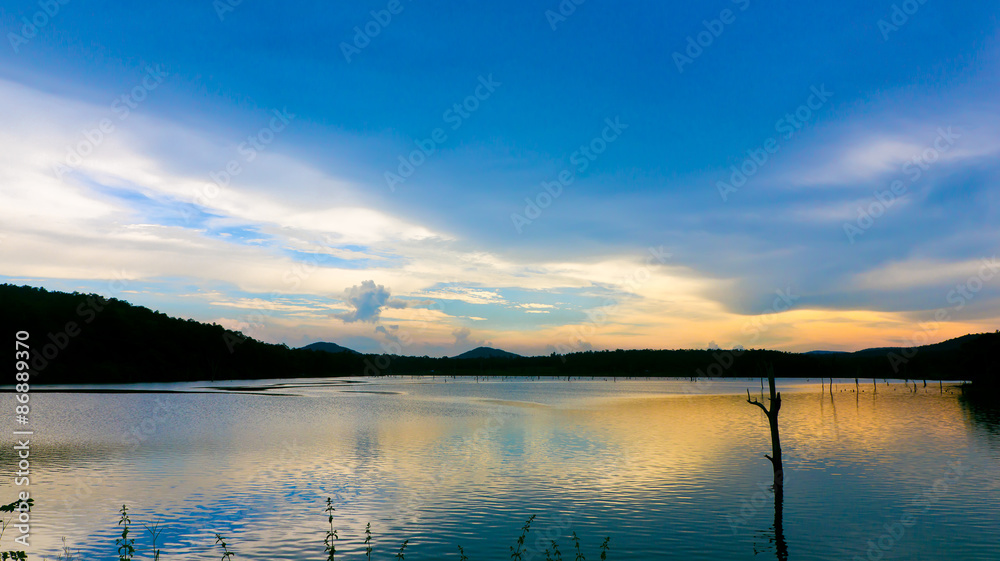The reservoir with sunset and mountain