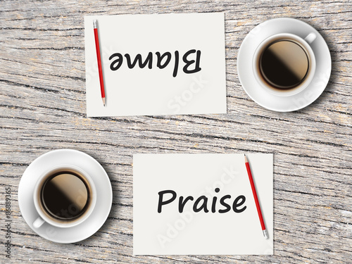 Business Concept : Comparison between blame and praise