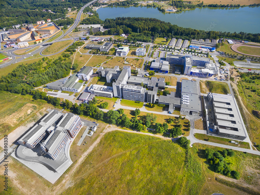 Aerial view to The University of The West Bohemia in Pilsen has nine faculties with more than 60 departments and two institutes of higher education for 14,000 students 