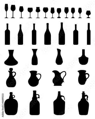 Black silhouettes of wine glasses and bottles, vector
