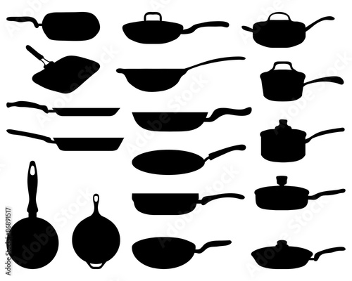 Black silhouettes of a frying pan, vector photo