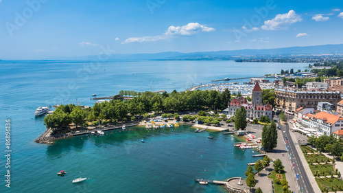 Aerial view of Leman lake -  Lausanne city in Switzerland photo