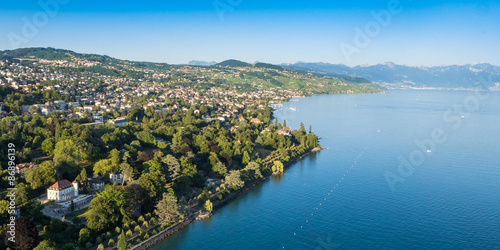 Aerial view of Leman lake - Lausanne city in Switzerland