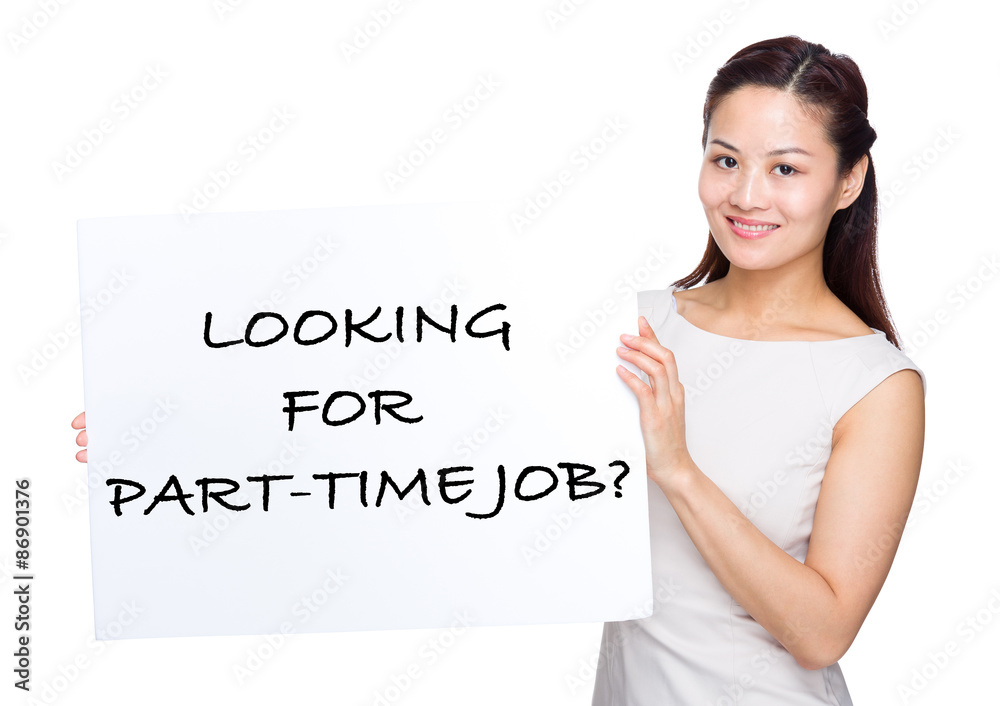 Asian woman holding with placard showing phrase of looking for p Asian woman holding with placard showing phrase of looking for p