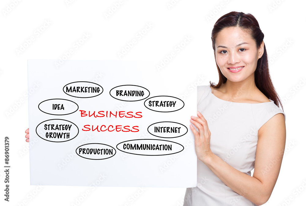 Woman holding with white poster presenting business success conc Woman holding with white poster presenting business success conc
