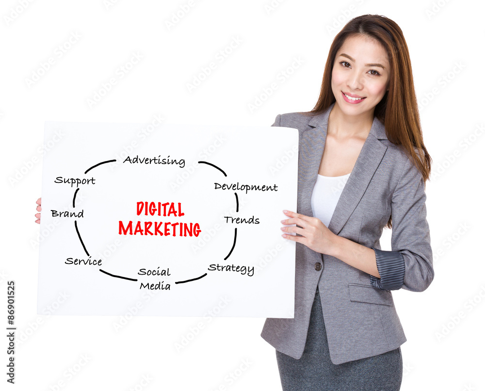 Businesswoman present on white board with digital marketing conc Businesswoman present on white board with digital marketing conc
