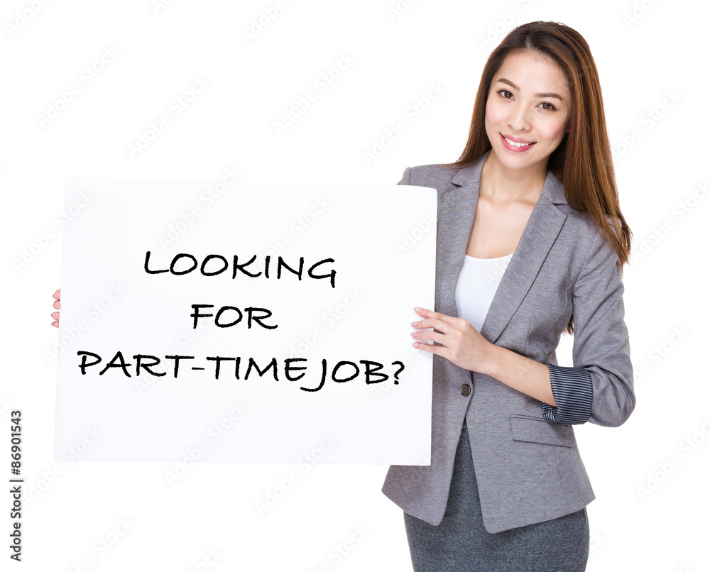 Businesswoman present on white board with phrase of looking for Businesswoman present on white board with phrase of looking for