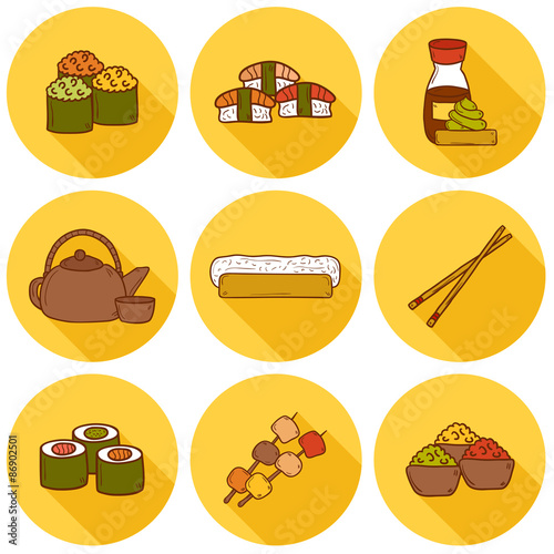 Set of cute cartoon hand drawn icons with shadows on japanese