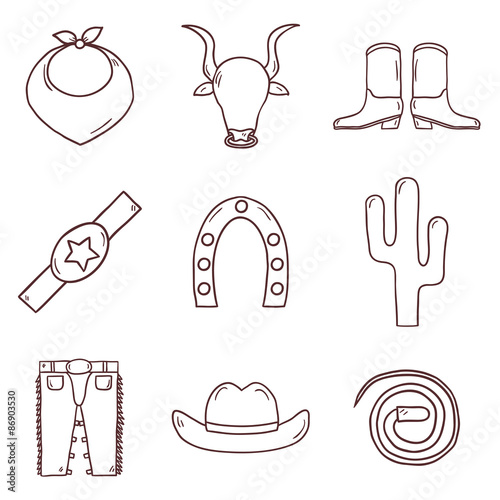Set of cute cartoon hand drawn icons on rodeo theme. Western