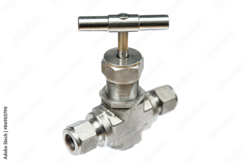 Manual ball valve or stainless steel ball valve isolated on white background, Valve for oil and gas process or high pressure process, Instrument supply equipment for control pressure 