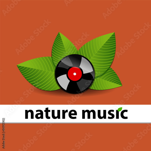 Disco de vinilo negro con brillos y hojas verde detrás del disco con la frace nature music