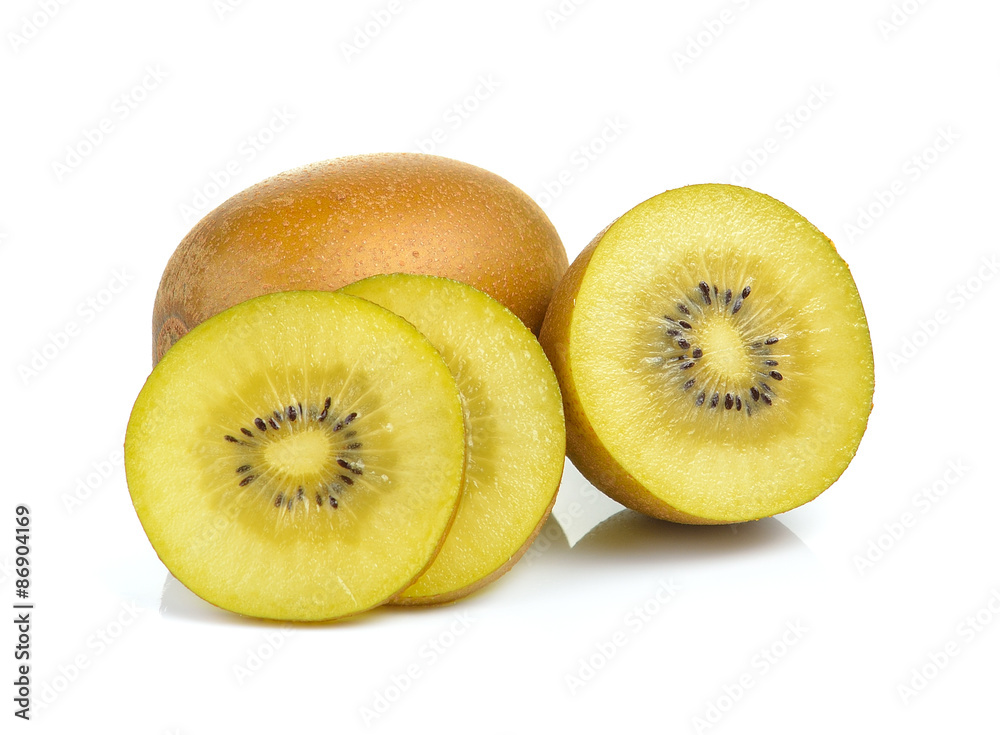 Yellow kiwi close up on white background