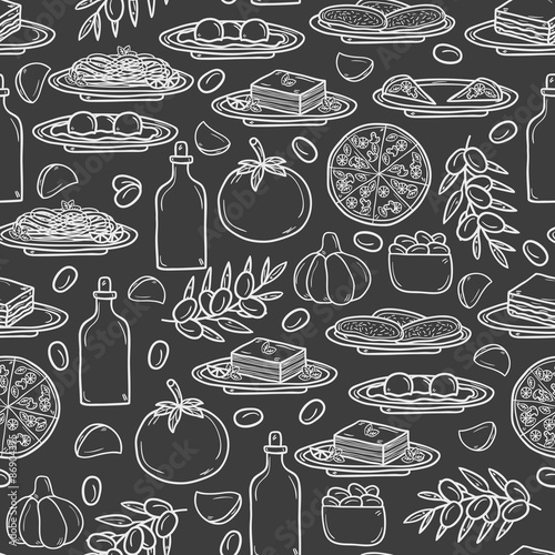 Seamless background with hand drawn objects on italian food