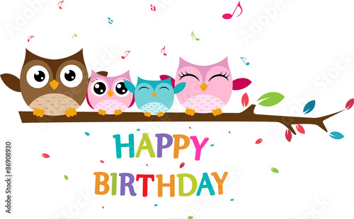 Happy owl family celebrate birthday